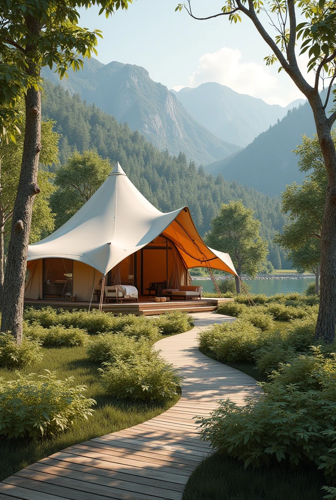Diduja What an exciting project!! Here is a basic idea for a layout scheme for a 1000 m² glamping area:
1. **reception y Área Común**:
- **Location**: Near the main entrance.
- **Size**: Approximately 100 m².
- **Characteristics**: reception, rest area, bathrooms, and a small convenience store.
2. **Accommodation Areas**:
- **Location**: Distributed around the common area.
- **Amount**: 6-8 glamping tents.
- **