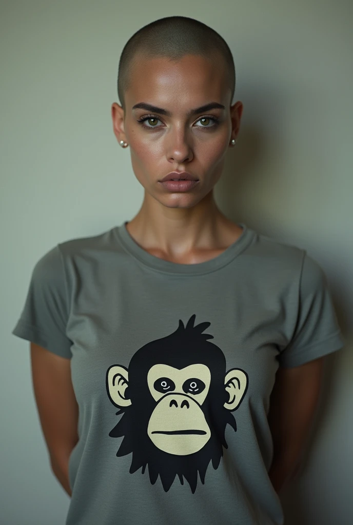 Nicki Nicole without hair.
Feel it.
Gray t-shirt with a monkey drawing.