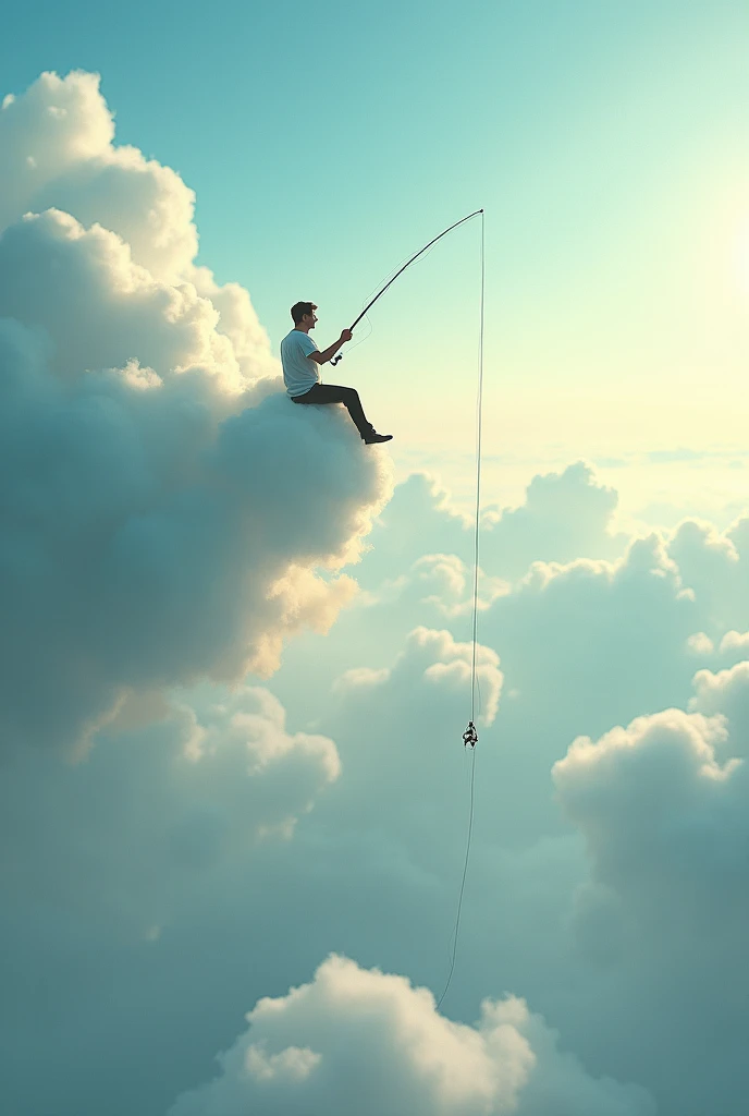 Fishing in heaven, a long fishing line that reaches far down to the earth below, hanging from a fishing line after sitting on a cloud in heaven, bird's-eye view