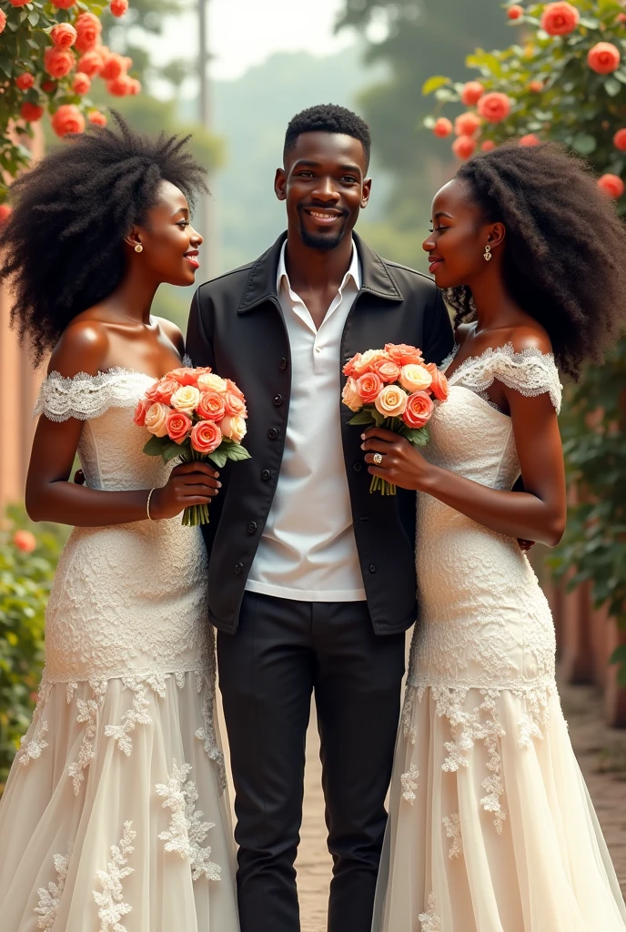 Un jeune garçon de 23 ans africain en veste au milieu de deux belles filles africaines en robe de mariage et tenant chacune dans les mains une fleur. La première fille a 19 ans et est heureuse tandis que la seconde fille a 21 ans et est triste