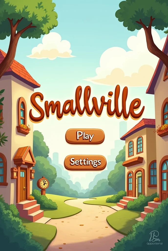 Create an image of a home page of a game called "Smallville", which is a game of a not very big city. Add elements like the name in the center and the play button and the settings button. drawing style