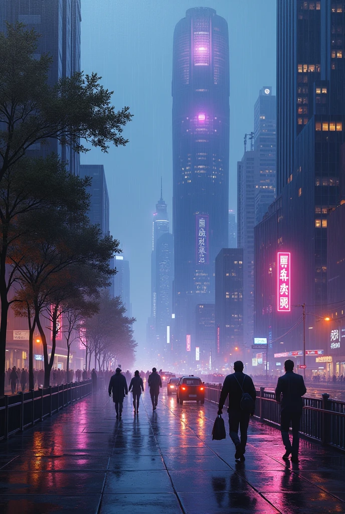 Oil painting of a futuristic street, tall buildings in a distance purple and blue lights, people walking on footpath, and cars on the street. Night time, raining, very realistic