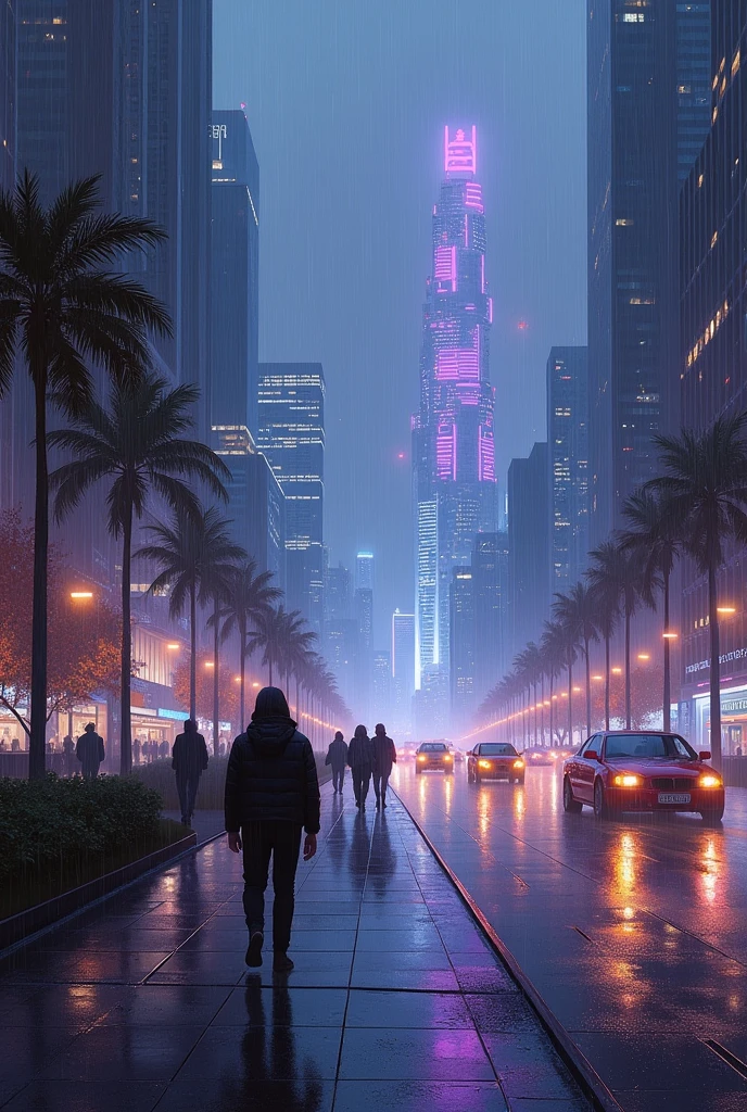 Oil painting of a futuristic street, tall buildings in a distance purple and blue lights, people walking on footpath, and cars on the street. Night time, raining, very realistic