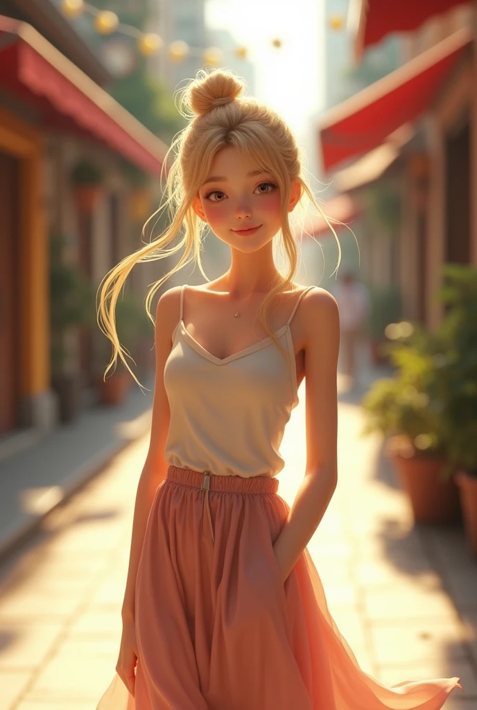 Top quality, 1 beautiful woman, Bun Hair, blonde hair, wearing Camisole & skirt, shy-smile, Sunlight, at street