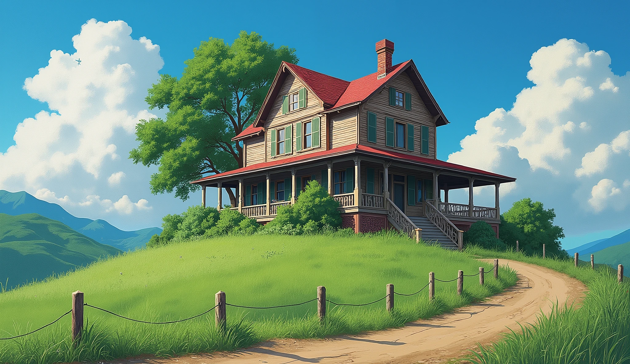 Realistic, Real Life, Beautiful old colonial big house on a hill, Laurie Greasely Style, Studio Ghibli, toriyama akira, James Gillard, Genshin Impact, Trending pixiv fanbox, Acrylic Spatula, 4K, Vibrant colors, devinart, Art Station Trends