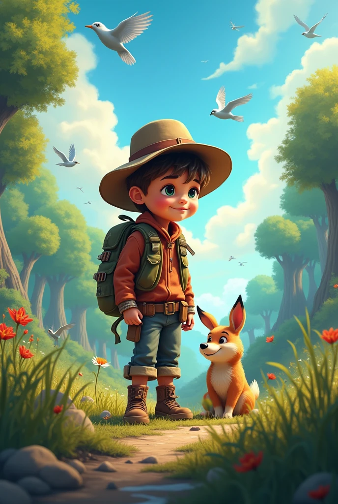 (High quality, 4K, HDR) 1 child boy, adventurer, hat, trail clothes, brave adventurer, beautiful colors in the sky, birds in the background, animal, harmonious forest on a large scale, pants. (masterpiece, ultra realistic professional lighting, ultra thin 8K, fine texture of detailed background, sharp face with perfect strokes.