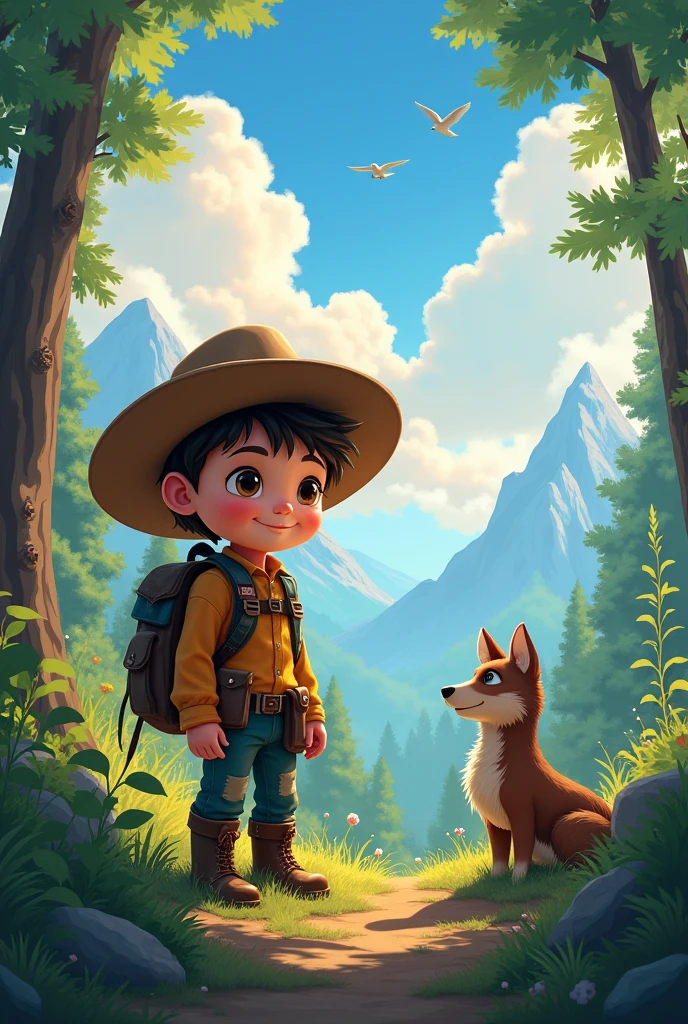 (High quality, 4K, HDR) 1  boy, adventurer, hat, trail clothes, brave adventurer, beautiful colors in the sky, birds in the background, animal, harmonious forest on a large scale, pants. (masterpiece, ultra realistic professional lighting, ultra thin 8K, fine texture of detailed background, sharp face with perfect strokes.