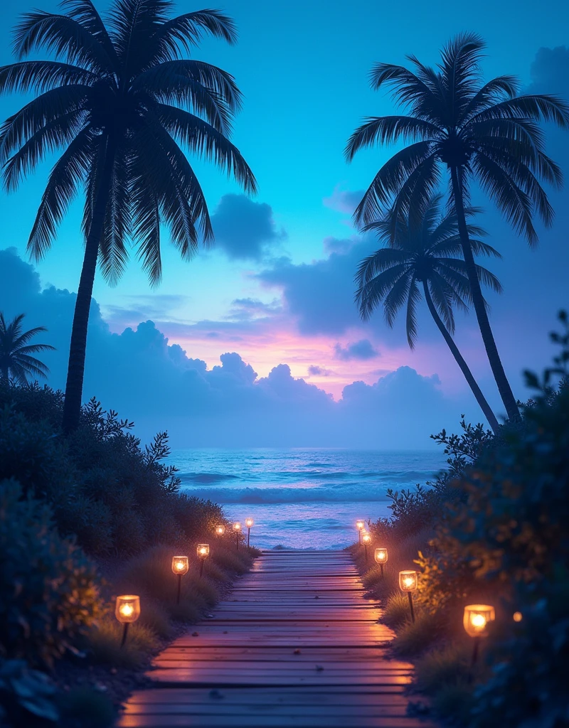 "A wide, enchanting view unfolds on a magical night at the sea shore. The scene is shrouded in a delicate fog, with an orangeish-purple night sky that glows with a mystical aura. Towering palm trees sway gently in the night breeze, their leaves rustling in the wind. The vibrant blue sky above is painted with layers of clouds, tinted with hues of purple and blue, adding to the dreamlike atmosphere. Neon particles, glowing softly in the air, create a sense of otherworldly magic. A wooden path, lined with dimly glowing string lights, winds its way through the landscape, leading into the mist. The lights cast a soft, warm glow, enhancing the serenity of the scene. The micro landscape is filled with intrinsic details—each element carefully crafted to draw the viewer into this peaceful, ethereal world. Despite the vivid, lively environment, the absence of people adds a serene, almost haunting beauty to this tranquil night by the shore