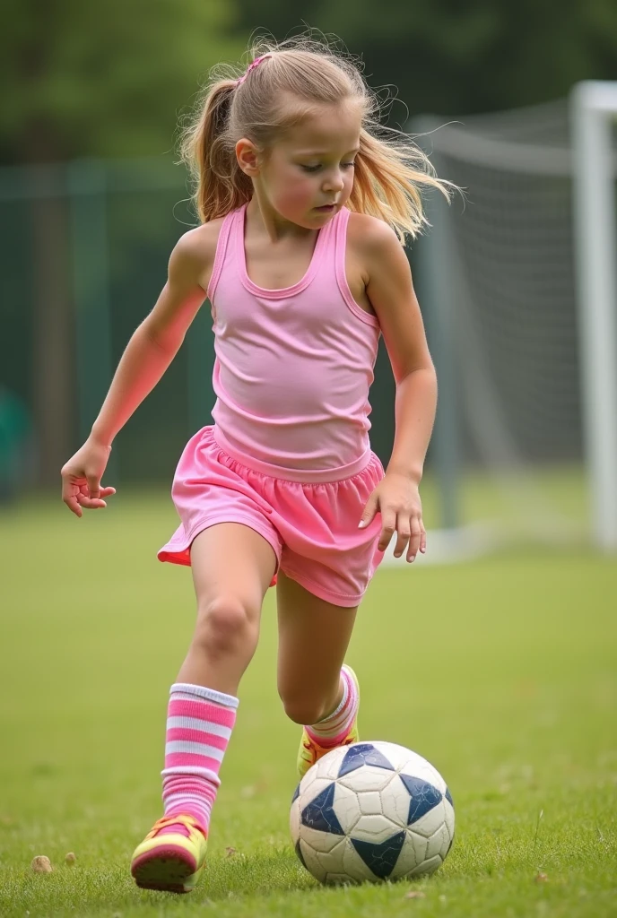 12 year old girl playing soccer in panties light pink outfit and striped pink socks tight outfit and pink skirt pale skin with freckles and sports bra blonde