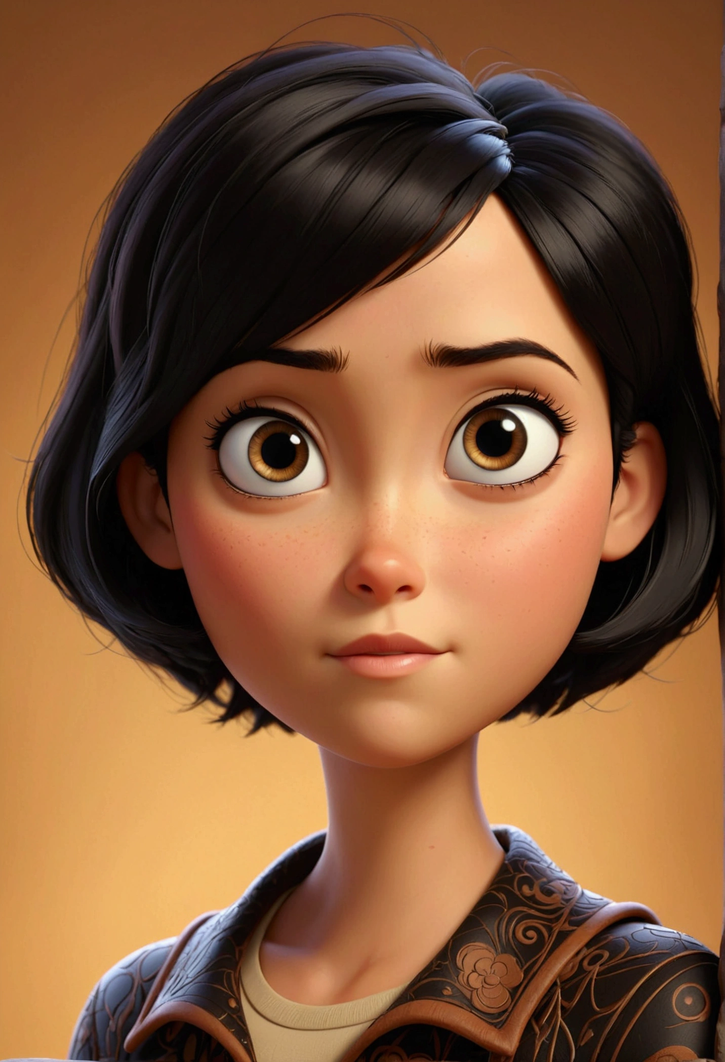 Cartoon, 3D, Style Pixar, Woman, very short black hair, eyes browns rounded and large