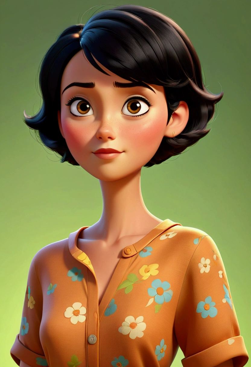 Cartoon, 3D, Style Pixar, Woman, very short black hair, eyes browns rounded and large