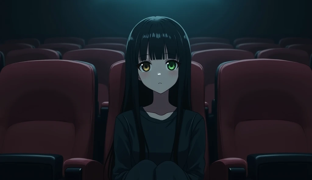 anime 143 cm tall girl with long black hair with straight bangs, sitting at a cinema with dim lighting, wearing black long pants and a black jacket, The point of view is from the front, heterochromia; the right eye is brown and the left eyes are green, above her left eyes is a thread of bangs colored green, blank stare, looking up, alone.
