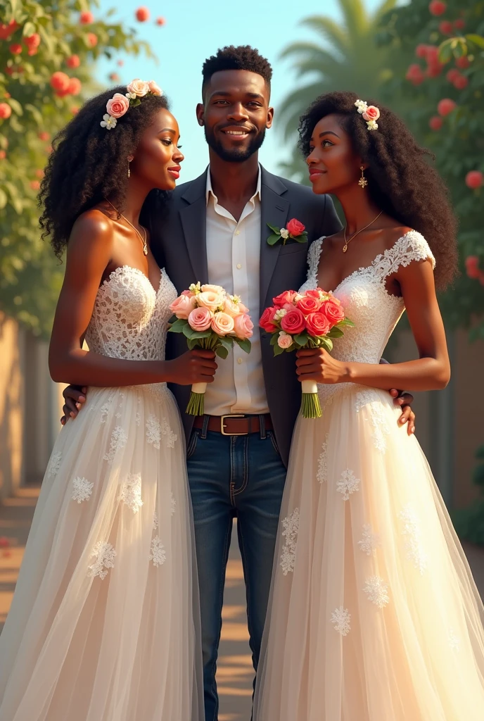 Un jeune garçon de 23 ans africain en veste au milieu de deux belles filles africaines en robe de mariage et tenant chacune dans les mains une fleur. La première fille a 19 ans et est heureuse tandis que la seconde fille a 21 ans et est triste