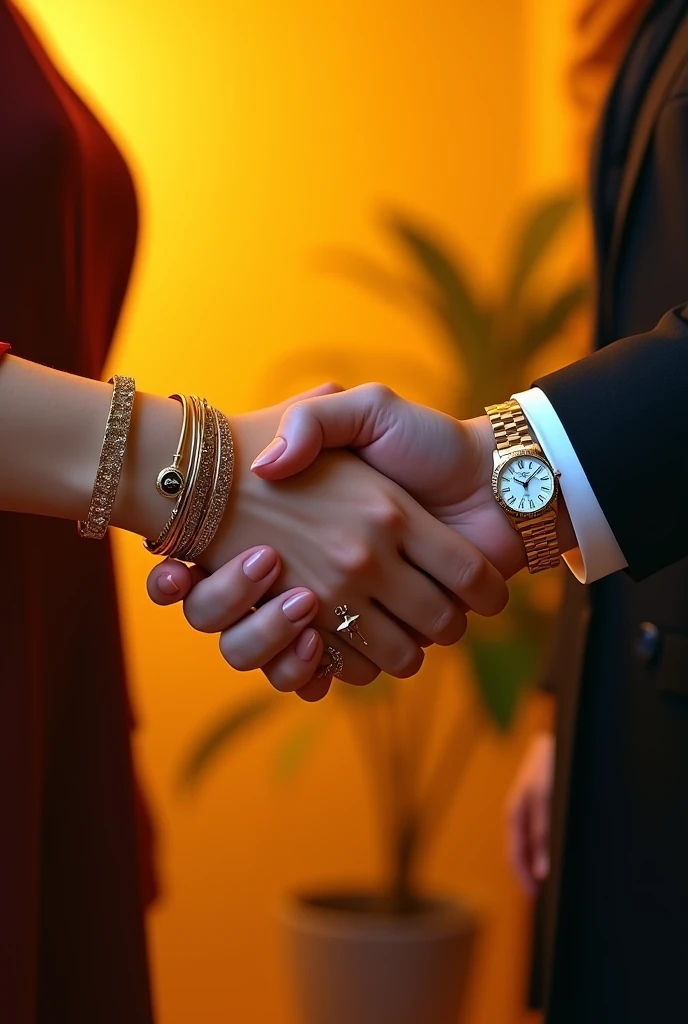 I created a handshake, where on the wrist there are women's bracelets cartier and a Rolex watch on just one arm, symbolizing the closing of a new partnership between two companies, the background must contain orange, yellow and black. more female the hands; written in Brazilian Portuguese in a soon successful partnership