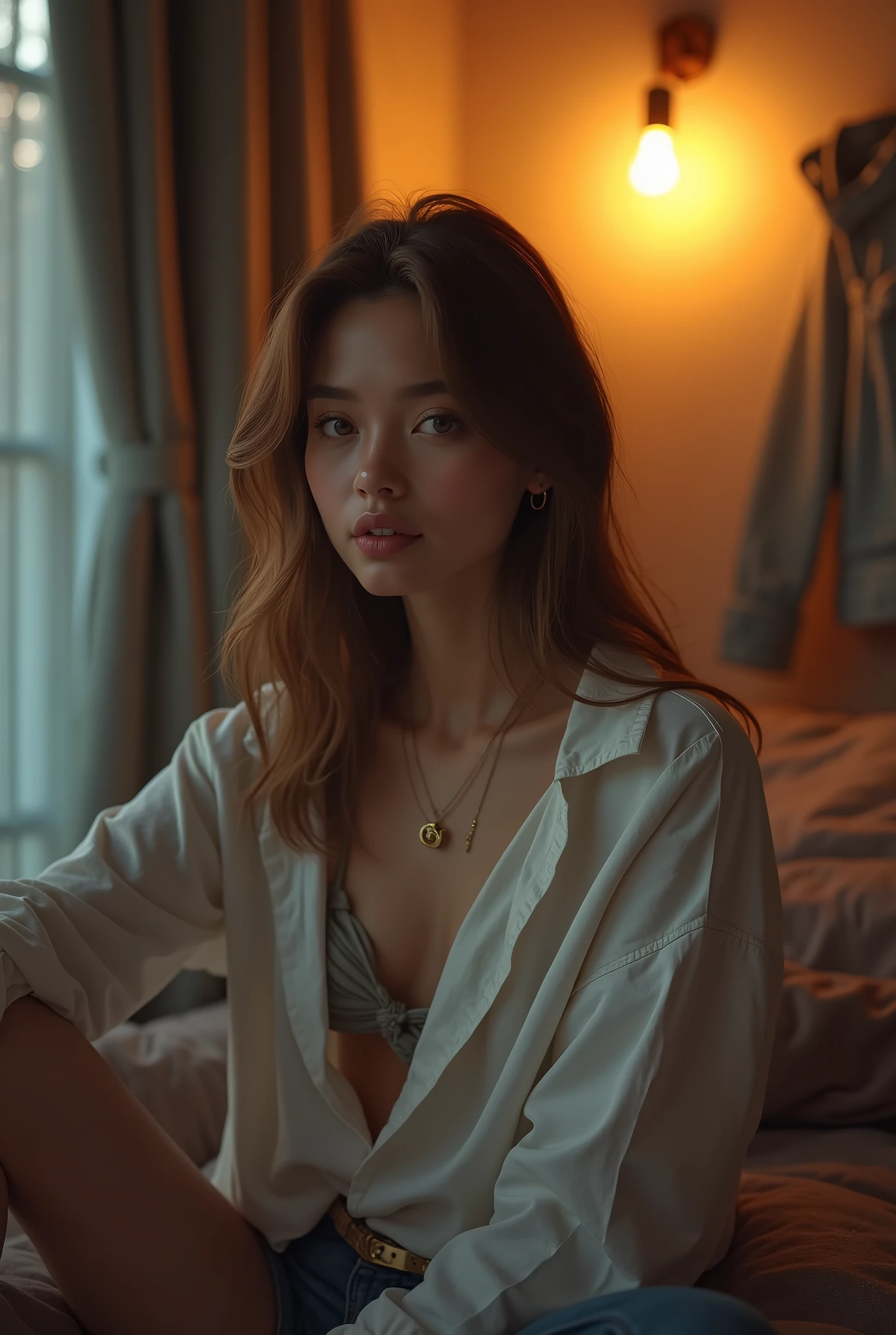 (photorealism:1.2), a very beautiful woman 2, casual style, sitting on the floor of his room,in the room with a 5 watt wall lamp, (very detailed like the items in a woman's room