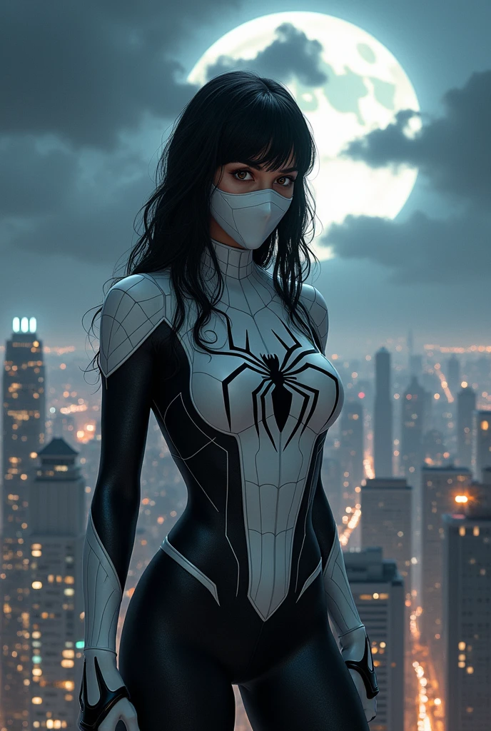 A girl with dark skin color, long black hair and bangs covering half of her forehead, dark brown eyes shining in the night sky of a brightly lit city, body with pronounced curves, thin face with big cheeks, wearing the Spider-Woman costume *SILK* white and black with web patterns covering the suit and a spider symbol on the chest, and a white mask with a web pattern covering his entire mouth, hanging from the top of a building looking for bandits to stop, standing next to a cloud-covered full moon