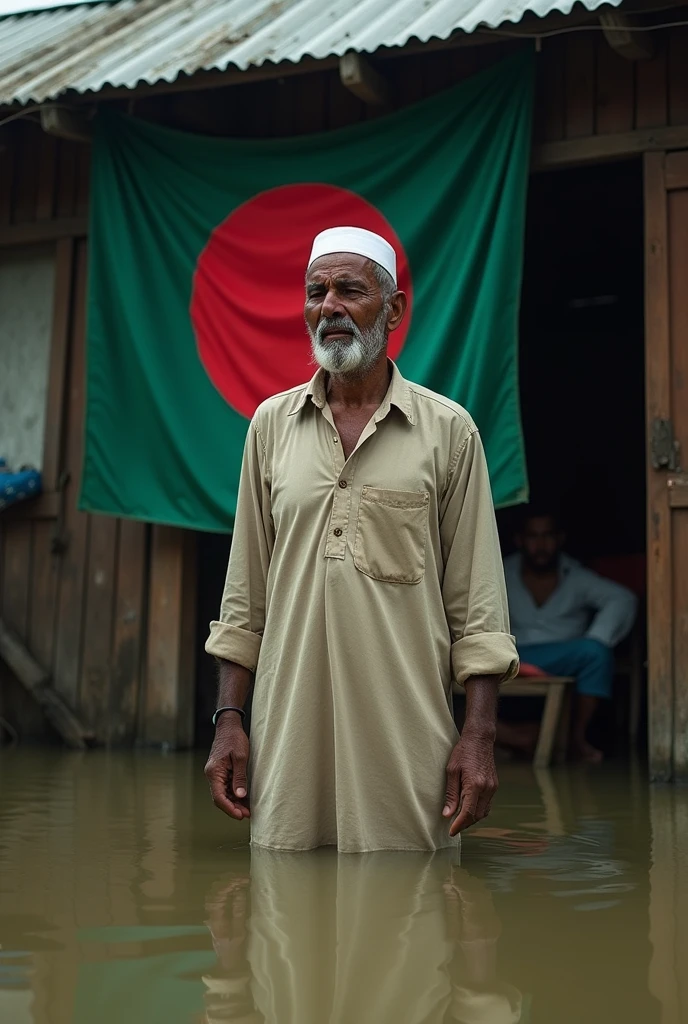 A Bangladeshi Muslim man wareing Muslim cap crying because water inside his home , with Bangladesh flag 