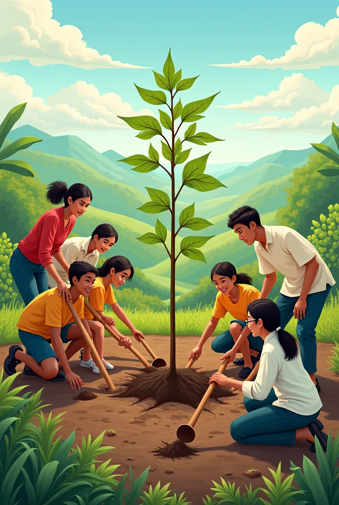 illustration, people planting trees