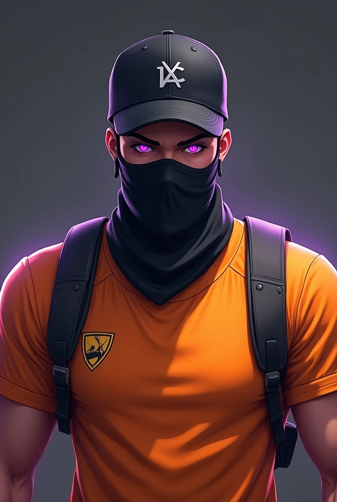 Free fire character orange shirt black cap turned backwards black mask without backpack purple eyes cap turned backwards a little stronger 
