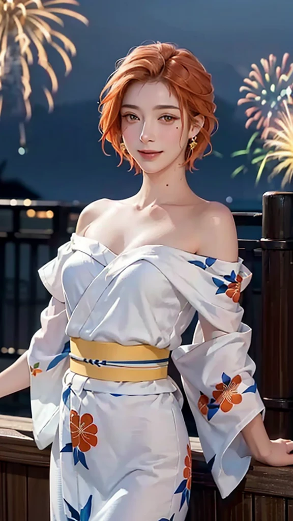 ((((masterpiece, best quality, high resolution)))), Extremely detailed 8K, Beautiful girl with voluptuous body, (Ultra HD, Ultra-detailed, Highly detailed, Highly realistic, Ultra-realistic, photograph realistic), (1girl:1.5), (Realistic orange hair), (short wavy hair, earrings), (dynamic poses), facing at camera, looking at viewer, (blushing red, embarrassed, smile), (grey eyes, sharp eyes), (small breasts:1.2), (beautiful detailed face, beautiful detailed eyes), ((fluffy off-shoulder yukata)), (standing up), sweat, glow, ((cowboy shot)), firework festival