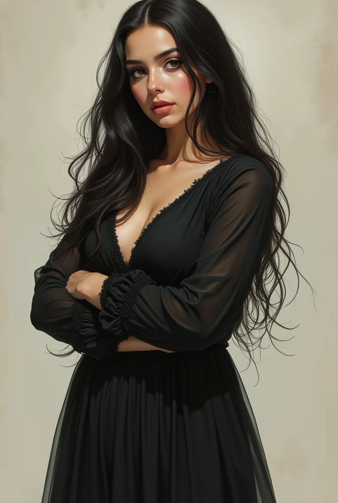 Description of a fat girl with a white face and a fat face, long hair and kohl, brown eyes, wearing a long dress that reaches her legs and is narrow