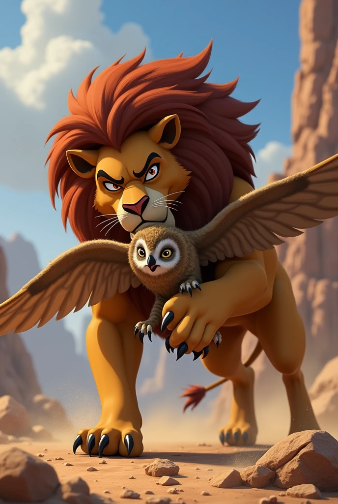 an animated image of a lion crushing an owl