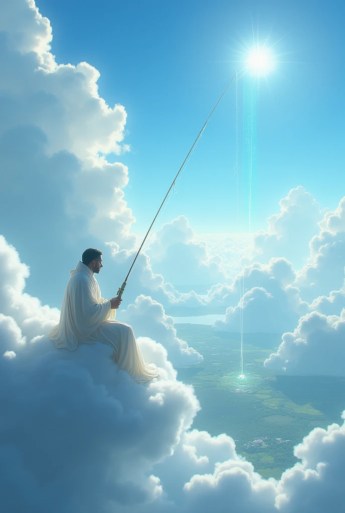 Fishing in heaven, a long fishing line that reaches far down to the earth below, hanging from a fishing line after sitting on a cloud in heaven,