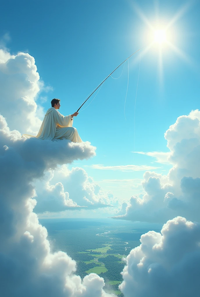 Fishing in heaven, a long fishing line that reaches far down to the earth below, hanging from a fishing line after sitting on a cloud in heaven,