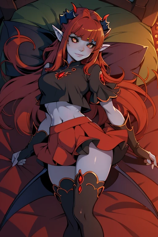 a close up of a woman with horns, Demoness, Alluring Demoness, beautiful succubus, attractive Demoness druid, Demoness from d&d, demoness, monster girl, demon girl, ((long red hair)), bedroom, ((uneven bangs)), blushed, nervous, ((red skin)), ((medium breasts)), ((Solo female)), ((symmetrical horns)), ((front view)), ((legs apart)), ((Crop top)), ((Short sleeves)), ((short skirt)), ((forest))