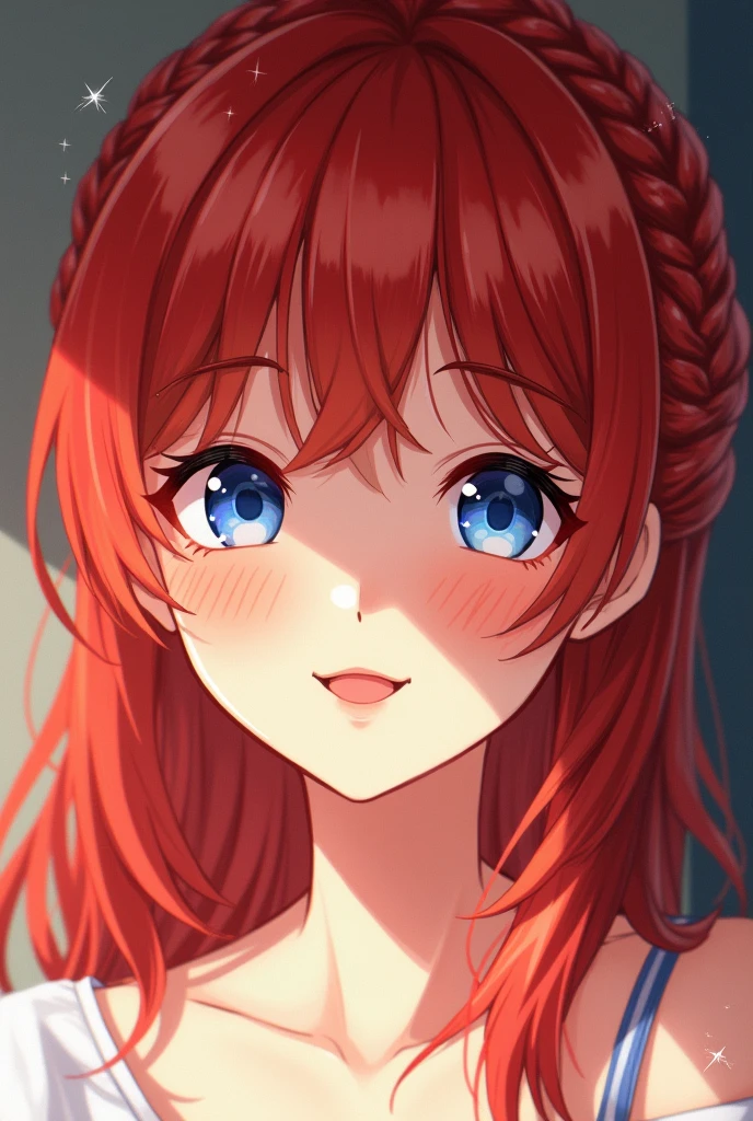 One person, solo, High resolution, chest, Gaze, smile, Blushing, Open your mouth, blue eyes, Red hair, Shiny Hair, Parted bangs, Side braids, Half-up hairstyle, Deco bangs, masterpiece, Textured skin, Sparkle Effect, 