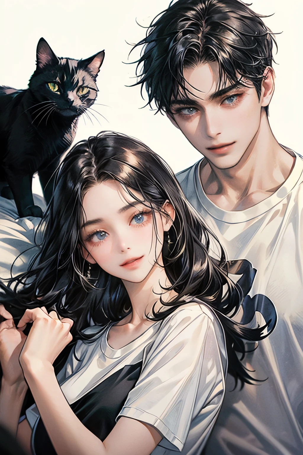 black hair, high resolution, Masterpiece, details, detailsสูง, โมเดลhigh resolution, simple background, college student couple,Play with cats, Black Cat, black hair, long hair woman, Men with short hair, simple background, bedroom, smile, t-shirt, sexy woman