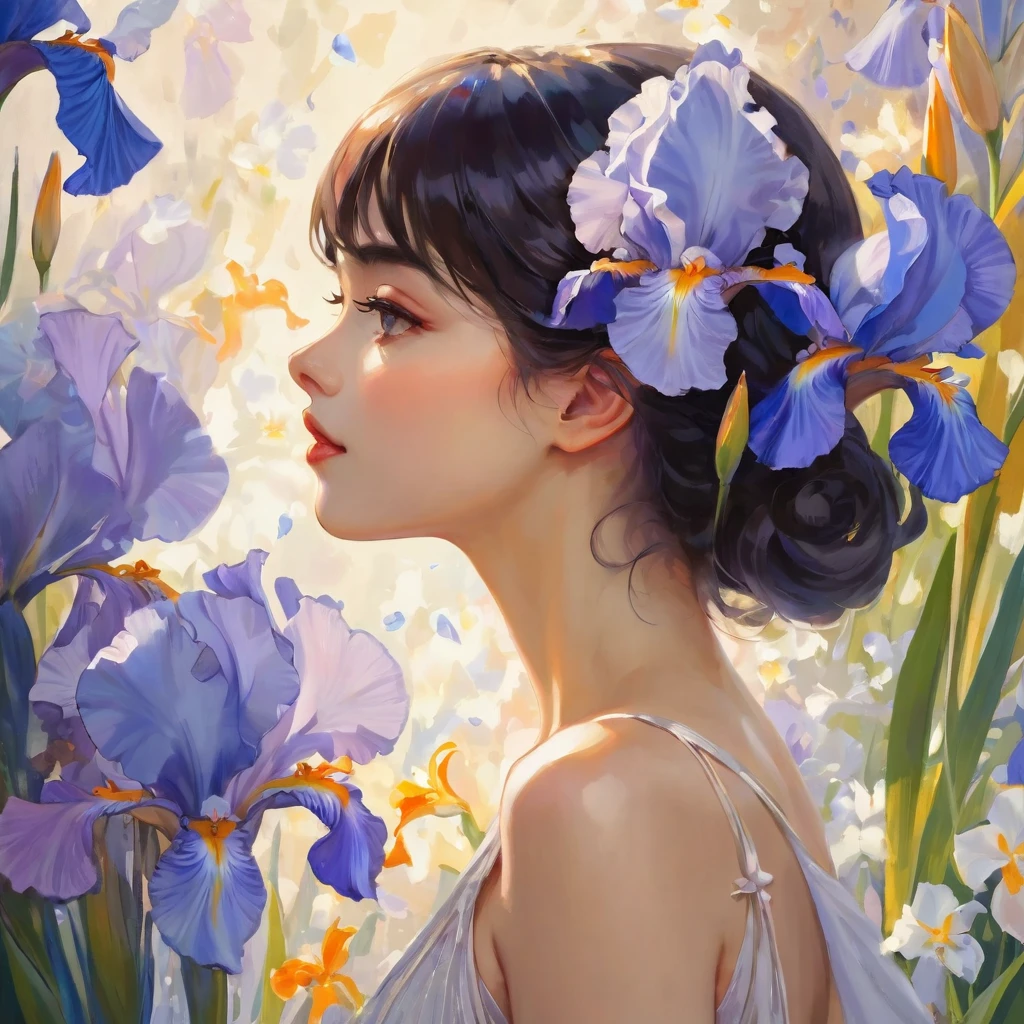highest quality, masterpiece, surreal), Portrait of a beautiful and delicate profile girl, Playful and cute, Petals are floating in the background,Beautiful iris flowers