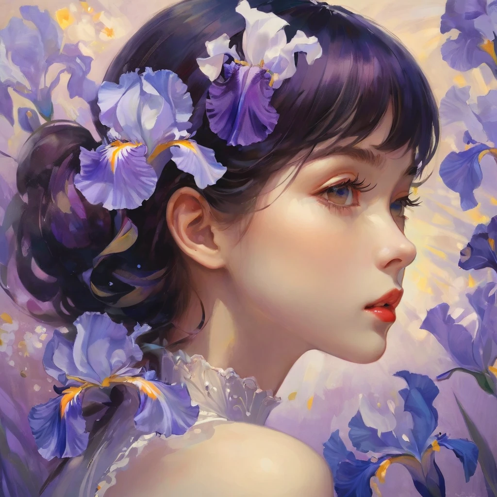 highest quality, masterpiece, surreal), Portrait of a beautiful and delicate profile girl, Playful and cute, Petals are floating in the background,Beautiful iris flowers