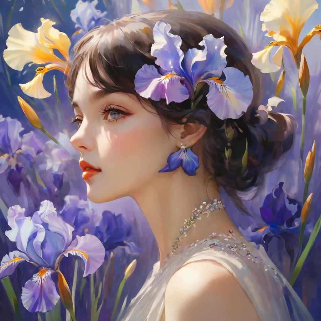 highest quality, masterpiece, surreal), Portrait of a beautiful and delicate profile girl, Playful and cute, Petals are floating in the background,Beautiful iris flowers