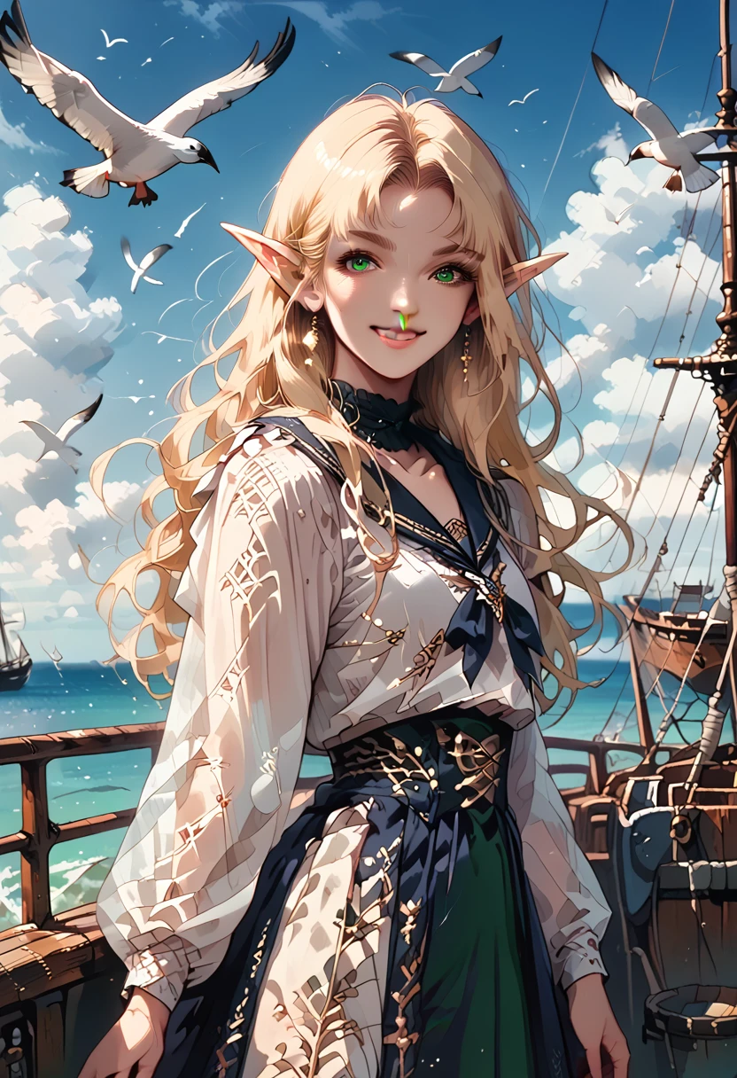 (((Masterpiece, highest quality, high definition, high detail)))), ((((Fantasy))), one, (Elf woman)))), (short skirt of white with gold embroidery), (blonde long straight hair), (glossy dark green eyes), (white ruffled blouse embroidered with gold), big, (((on the deck of a sailing ship at sea)), (vast sea))), (The firmament with clouds visible)), (( Seagulls flying in the sky)), smile, (breeze), particles of light flying