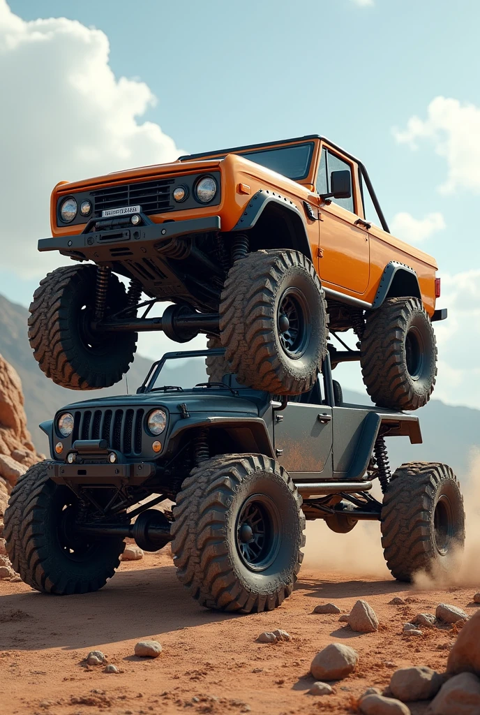 Off road car stands on another off-road car tyre