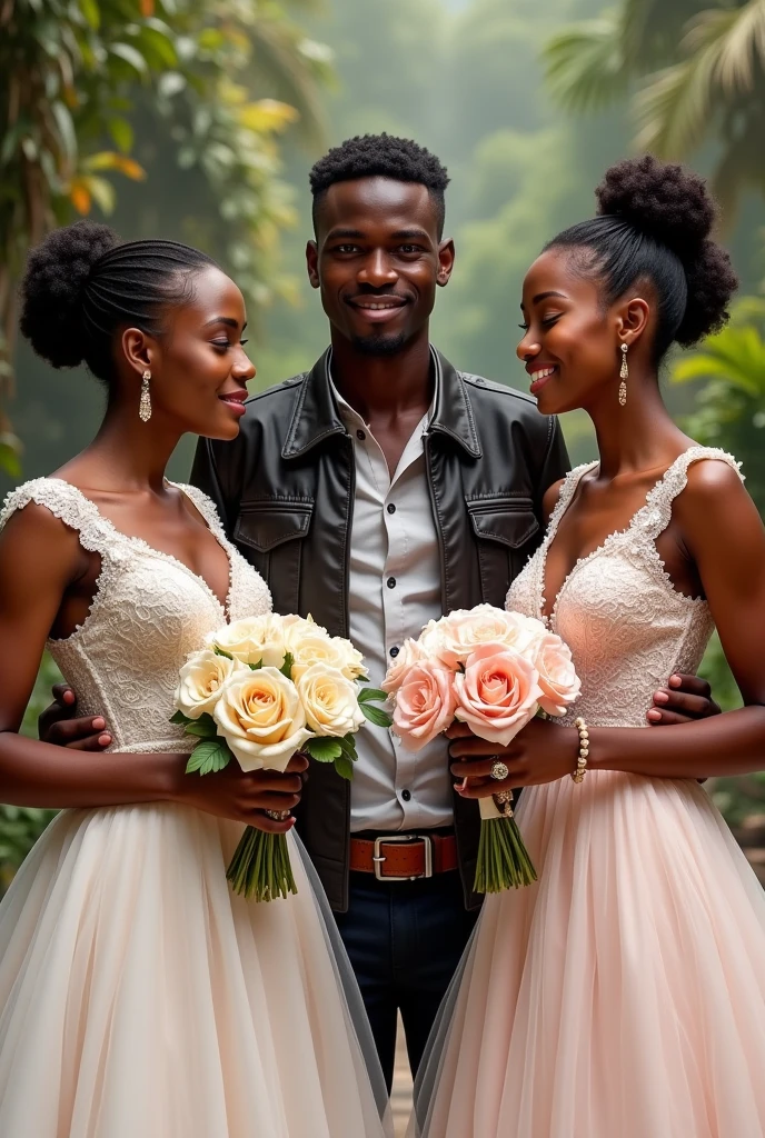 2 black women dressed as brides, Sorrisos abertos, flowers in hands towards the camera, with a black fabric simulating a photography studio, in an external area, artistic pose