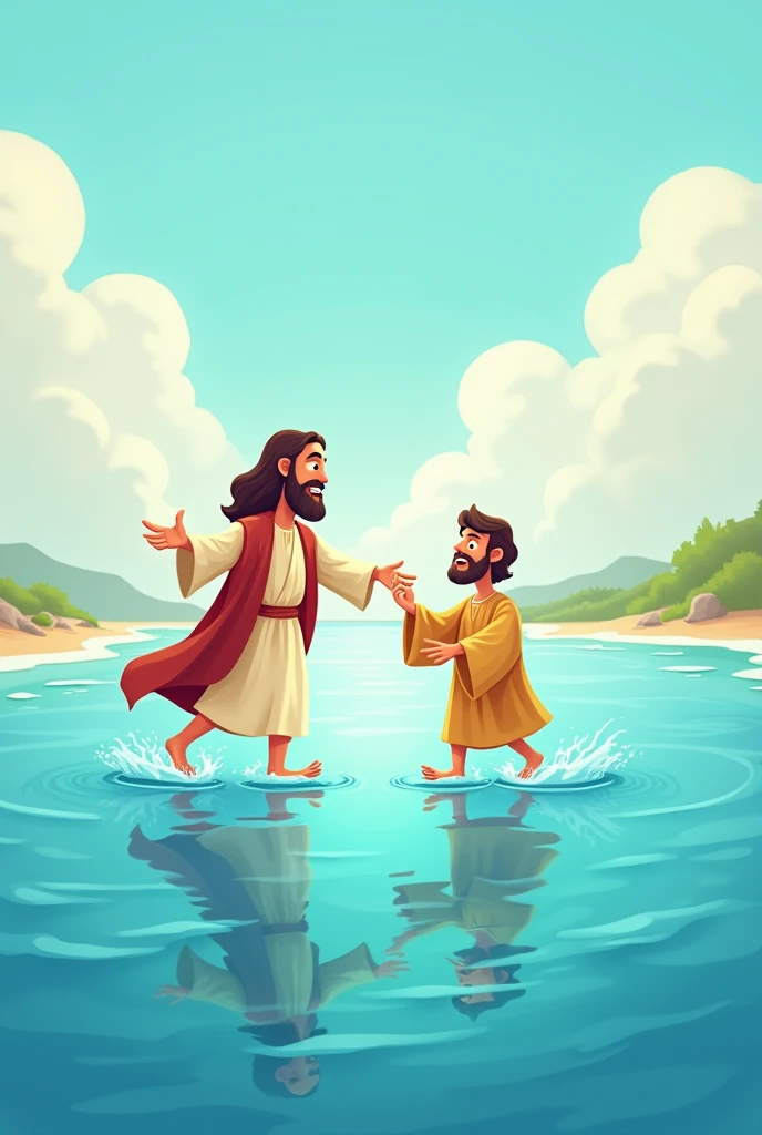 Create a cartoon illustration of adult Jesus reaching out to adult Peter on the water