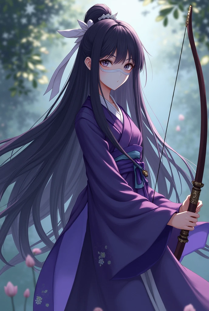 An 18 year old cultivator girl with dark purple hair that reached her waist, gray eyes with a mask that covered her face which had a scar from her eyes to her cheek with a purple robe with lotus flower edges, her straight hair that always carried a white bow, a magician who had a bow as a weapon