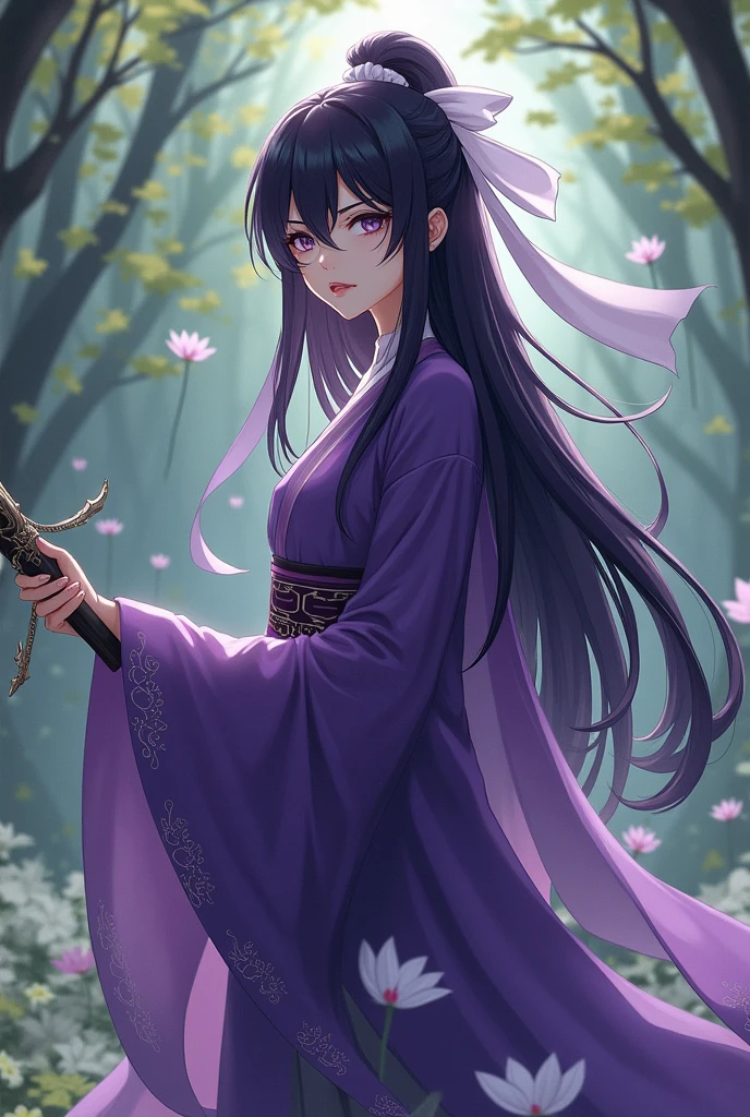 An 18 year old cultivator girl with dark purple hair that reached her waist, gray eyes with a mask that covered her face which had a scar from her eyes to her cheek with a purple robe with lotus flower edges, her straight hair that always carried a white bow, a magician who had a bow as a weapon