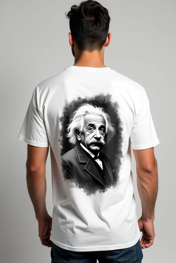 Make a white t-shirt front and back, the front is white with no print and the back is Albert Einstein&#39;s face in black and white 
