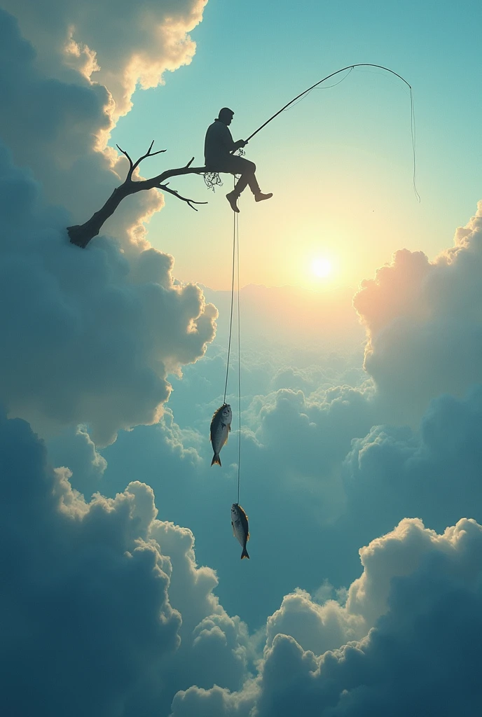 Fishing in heaven, a long fishing line that reaches far down to the earth below, hanging from a fishing line after sitting on a cloud in heaven,