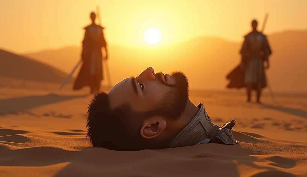 A highly realistic, high-contrast, 8k hd, detailed, hyper-detailed image of a battlefield in a desert at sunset. The scene focuses on the severed head of the 主人公, lying on the sandy ground. The head is in sharp focus, with the warm, golden light of the setting sun casting long shadows across the sand. The expression on the face is frozen in a final moment of surprise or realization. Nearby, the body of the protagonist is visible, clad in steel armor, but it is blurred to keep the focus on the severed head. In the background, The figure of Tadokoro, a knight in steel armor with a lion emblem, stands holding a sword. The atmosphere is solemn, with no blood present, only the stark reality of the aftermath of a deadly battle.
