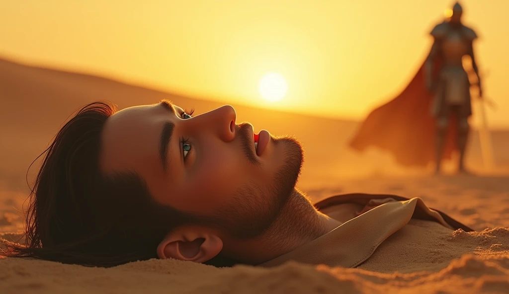 A highly realistic, high-contrast, 8k hd, detailed, hyper-detailed image of a battlefield in a desert at sunset. The scene focuses on the severed head of the 主人公, lying on the sandy ground. The head is in sharp focus, with the warm, golden light of the setting sun casting long shadows across the sand. The expression on the face is frozen in a final moment of surprise or realization. Nearby, the body of the protagonist is visible, clad in steel armor, but it is blurred to keep the focus on the severed head. In the background, The figure of Tadokoro, a knight in steel armor with a lion emblem, stands holding a sword. The atmosphere is solemn, with no blood present, only the stark reality of the aftermath of a deadly battle.
