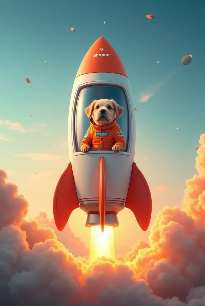 Shopee rocket taking off with a dog dressed as an orange astronaut inside