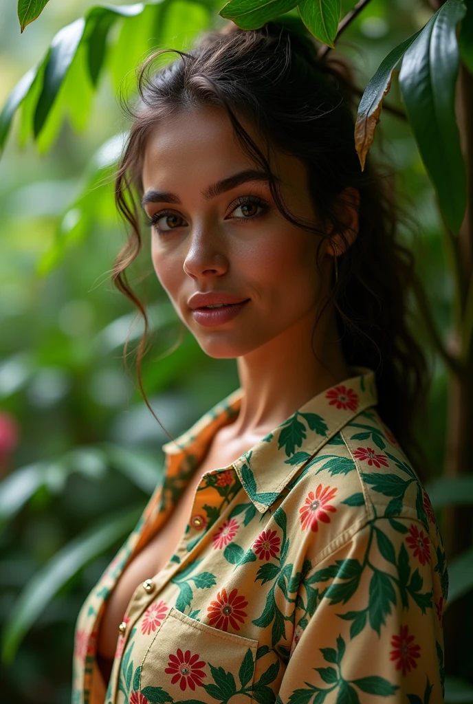 A Brazilian woman in a lush tropical garden, wearing an open shirt with a floral print, with a close-up capturing the harmonious beauty between her breasts and the natural flowers, showing off your natural charm and outgoing personality.