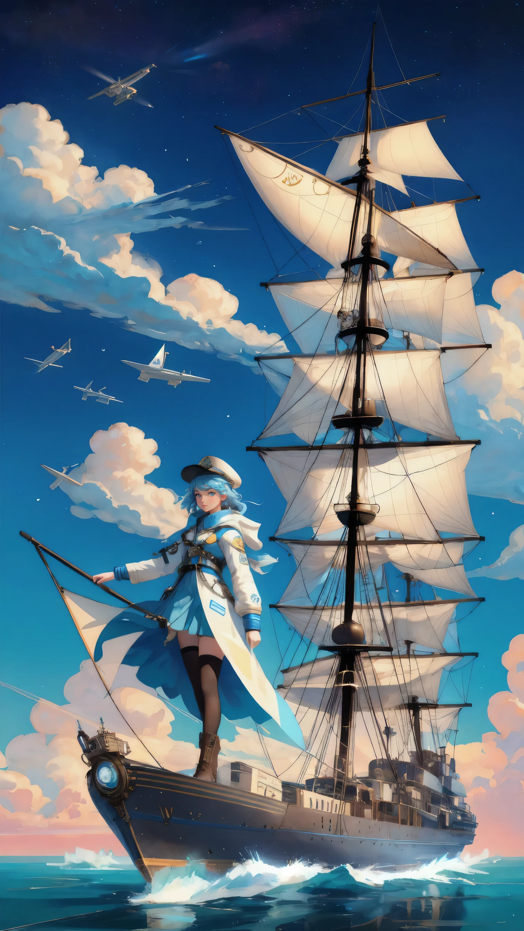 Depict a vibrant scene on the 'Early Adopter's Cruiser,' featuring a beautiful girl in a futuristic explorer outfit standing proudly on the deck. The background must be a rich blue, filled with advanced airships and steampunk elements. Bitcoin symbols subtly spread throughout the sky, emphasizing the fusion of innovation and exploration on this pioneering journey.