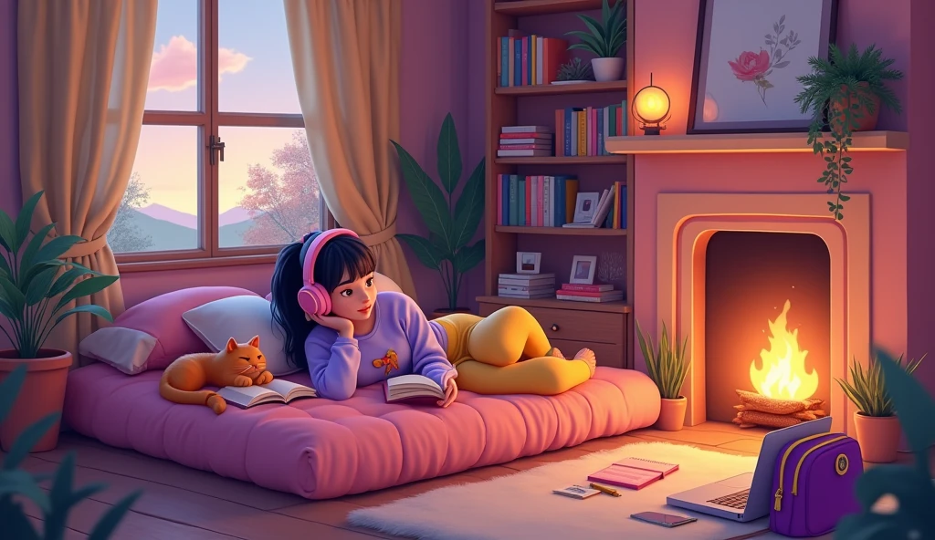 Create an image that depicts a warm, intimate scene with a style reminiscent of modern animation. In it, a young woman with dark hair with a pink bow that holds her hair, relaxes lying on her bed reading a book in her spring house in the rustic style countryside with beautiful traditional luxury curtains, spring season. She wears a sweatshirt, yellow pants and a sweatshirt. purple blouse, They are wearing headphones calmly with an orange cat lying on the bed next to them, conveying a feeling of comfort and peace. The room has a cozy and modern decor with a color palette dominated by shades of pink, purple and touches of red. There is a shelf full of books, indicating interest in reading or studying, as well as decorations such as plants, a luminous orb and a paper garland. The room is lit by the soft glow of a fireplace, and an open laptop on the floor suggests that the person was working or studying and has a purple and yellow school bag. The composition of the image is balanced and full of personal details such as photographs and objects that express the occupant's personality. The scene as a whole evokes a feeling of serenity and contentment, much like the idea of being at home on a cold day, the scene is seen from above. 8k photography style,