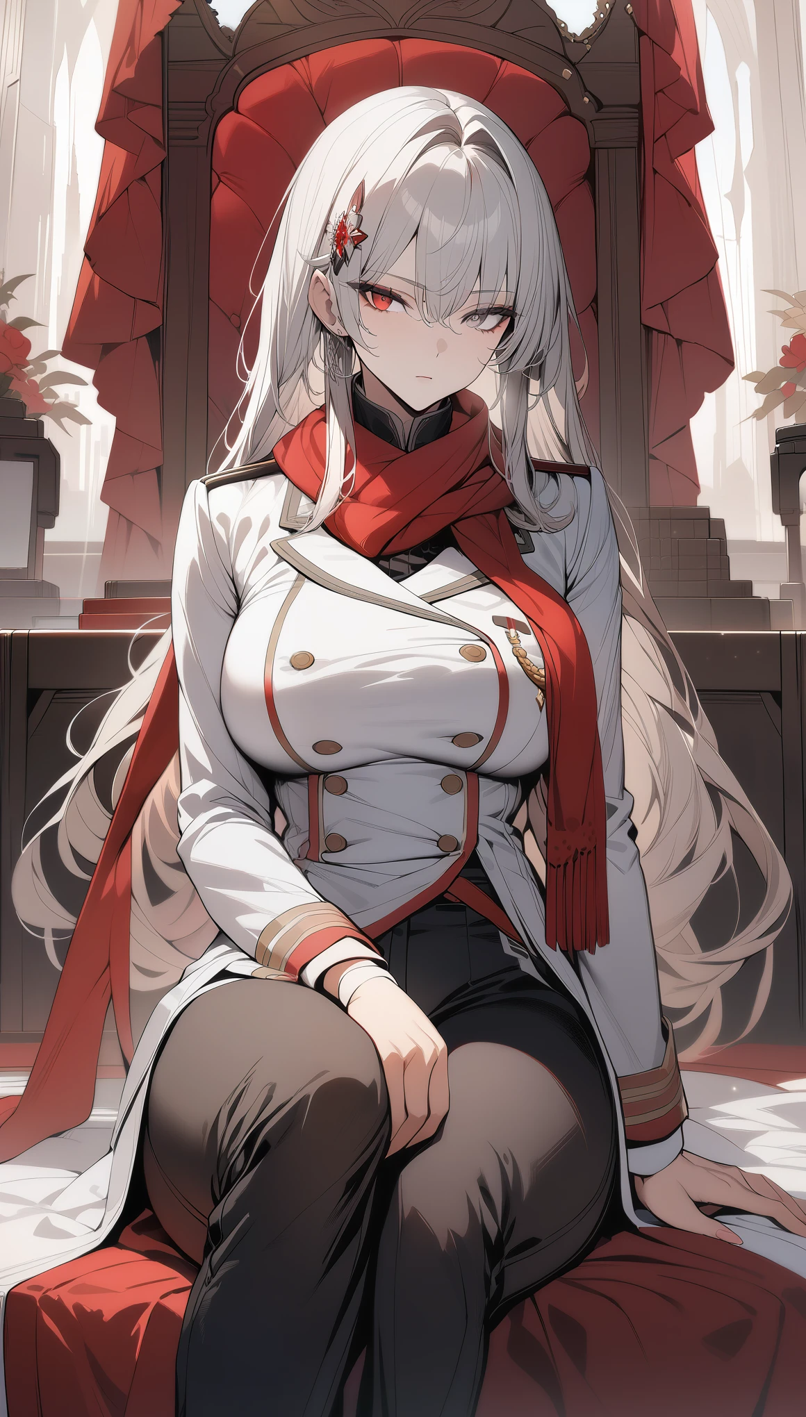 (best quality:1.3), (masterpiece:1.3), (illustration:1.3), (ultra-detailed:1.3), 1girl, white hair, solo, (large breasts), tall, mature, long hair, expressionless, white coat, black pants, sitting, hair ornament, heterochromia, red eyes, gray eyes, red scarf, red pouch,((military uniform)), black footwear,