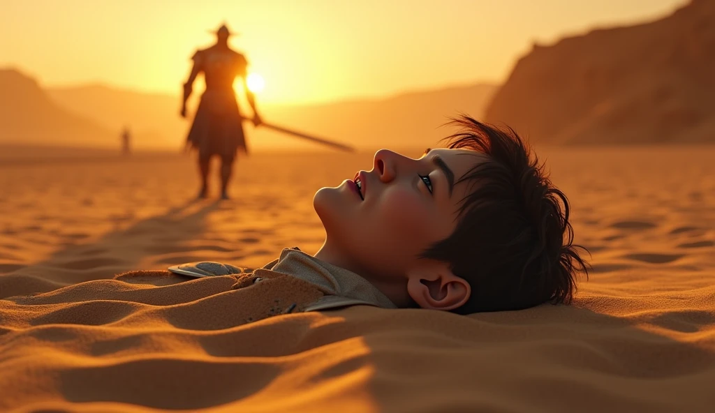 A highly realistic, high-contrast, 8k hd, detailed, hyper-detailed image of a battlefield in a desert at sunset. The scene focuses on the severed head of the 主人公, lying on the sandy ground. The head is in sharp focus, with the warm, golden light of the setting sun casting long shadows across the sand. The expression on the face is frozen in a final moment of surprise or realization. Nearby, the body of the protagonist is visible, clad in steel armor, but it is blurred to keep the focus on the severed head. In the background, The figure of Tadokoro, a knight in steel armor with a lion emblem, stands holding a sword. The atmosphere is solemn, with no blood present, only the stark reality of the aftermath of a deadly battle.
